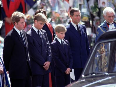 Charles Spencer with Prince Charles, Prince William and Prince Harry at Diana's funeral on 6 September 1997.