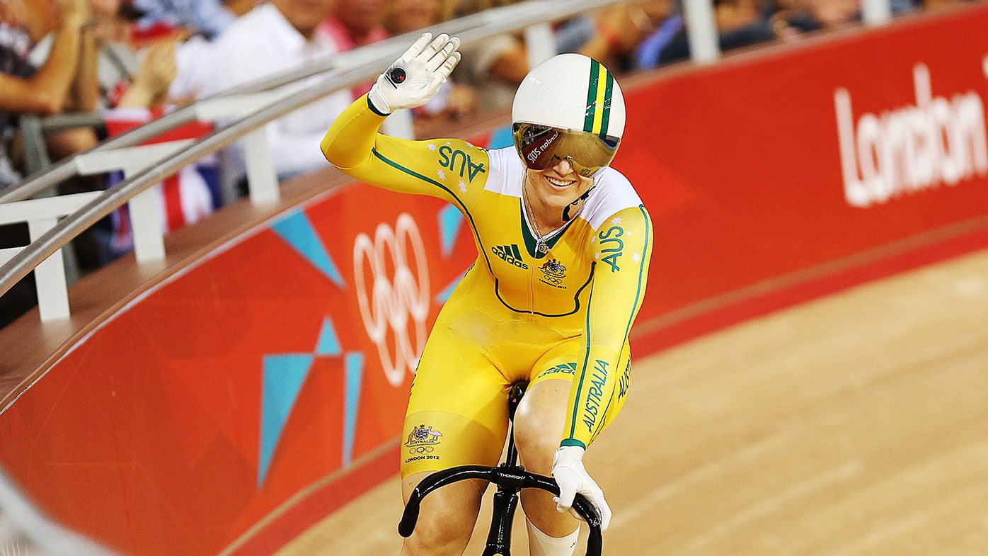 Anna Meares celebrates winning the final and the gold medal in the Women&#x27;s Sprint Track Cycling Final at the London 2012 Olympic Games 