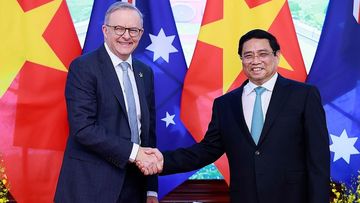 Australian Prime Minister Anthony Albanese and Vietnamese Prime Minister Pham Minh Chinh shake hands, ahead of their bilateral meeting in Hanoi, Vietnam