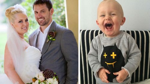 Bianka and John O'Brien on their wedding day; pictured right is the couple's son Jude. (Supplied)