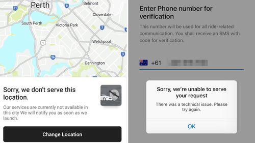Error messages received by Ola users in Perth (left) and Sydney (right).