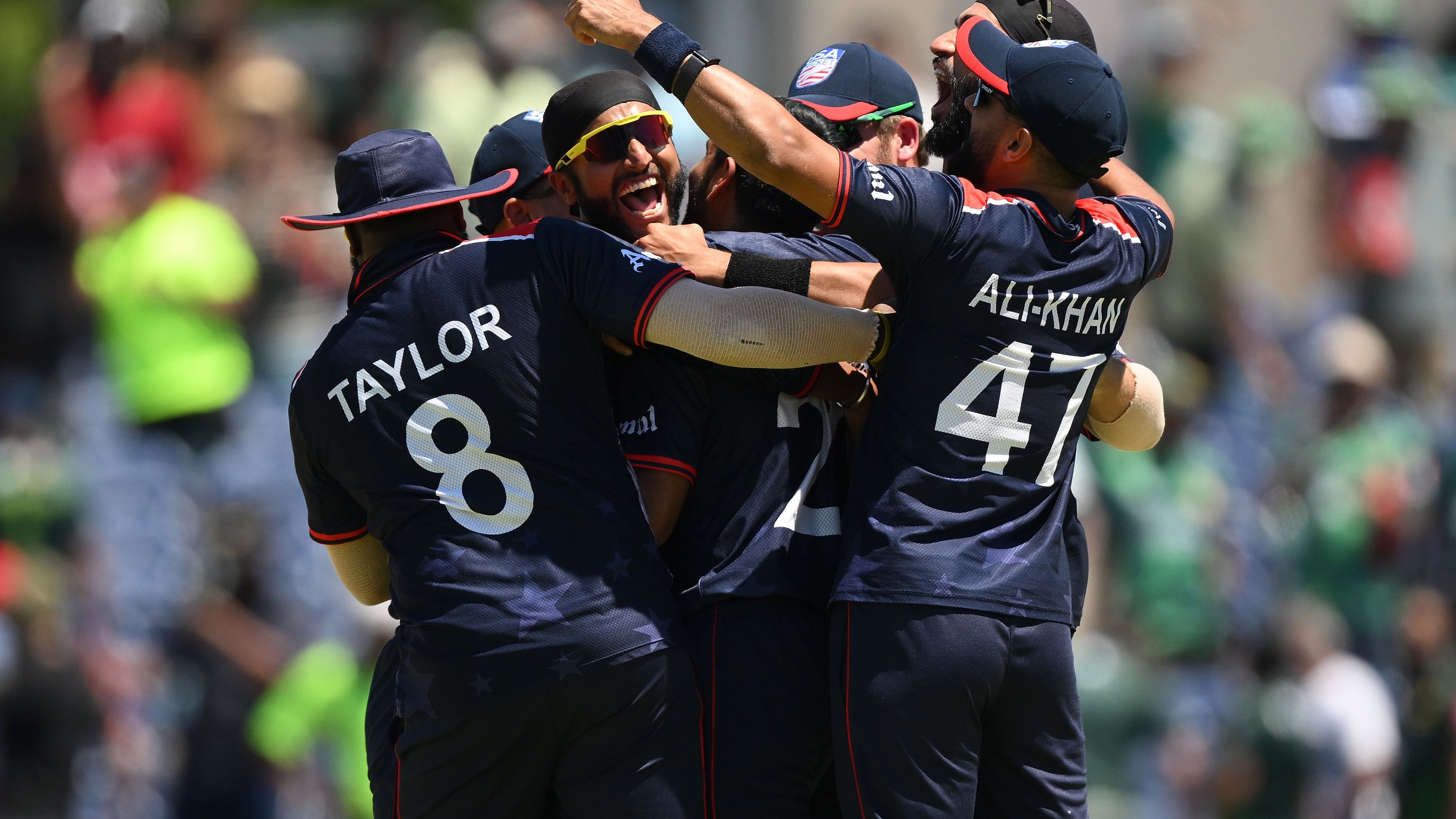 Team USA celebrate victory during the ICC Men&#x27;s T20 Cricket World Cup over Pakistan.
