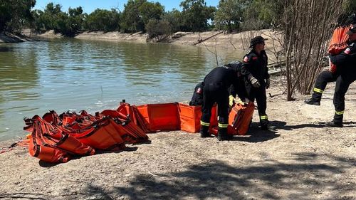 NSW Police clear dead fish from Main Weir Pool in Menindee.