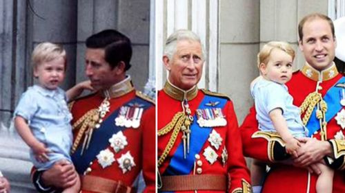 Prince William in Prince Charles' arms in 1984 (left) and Prince George with Prince William today. (Supplied)