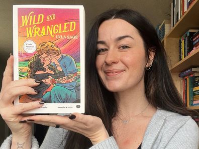 Lyla Sage shows off the fourth book in her Rebel Blue Ranch series, Wild and Wrangled.