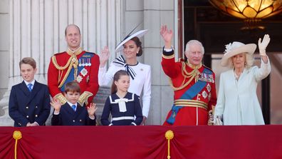  Prince George of Wales, Prince William, Prince of Wales, Prince Louis of Wales, Princess Charlotte of Wales, Catherine, Princess of Wales, King Charles III and Queen Camilla during Trooping the Colour at Buckingham Palace on June 15, 2024 in London, England. 