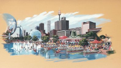 A Discovery Village proposed for Darling Harbour would have turned the waterfront into a futuristic theme park, complete with a reflective sphere. The architect behind the design was Tony Corkill.