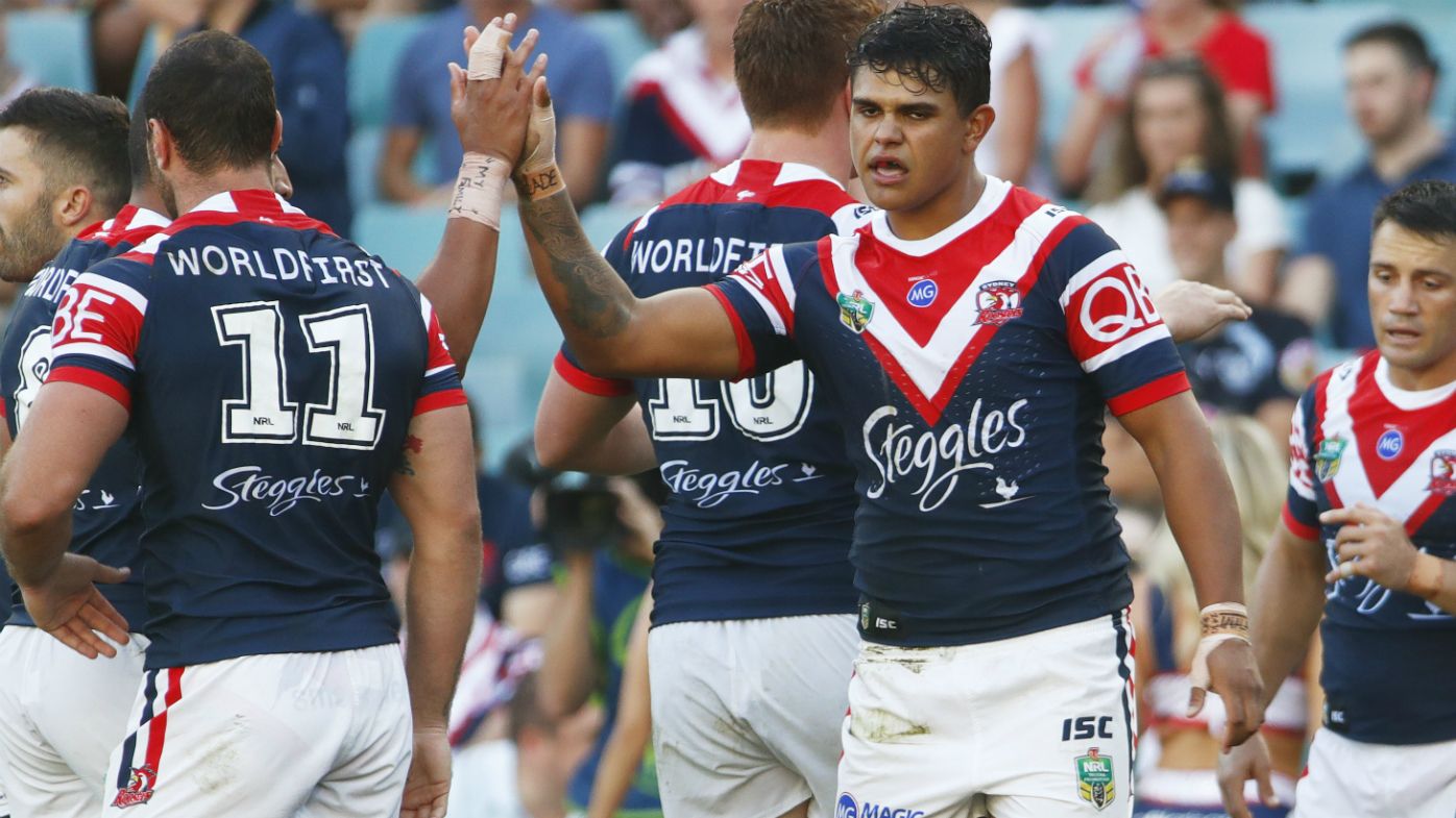 Latrell Mitchell of the Roosters reacts