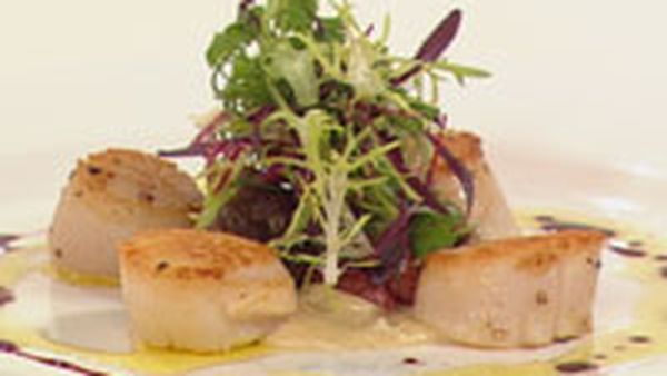 Seared Scallops with chorizo, Jerusalem artichoke and cabernet reduction