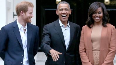 Prince Harry, US President Barack Obama, First Lady Michelle Obama  pose as they attend a dinner at Kensington Palace on April 22, 2016 in London, England.