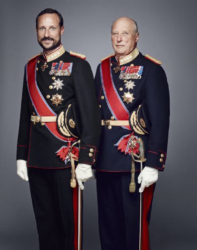 In this handout photo provided by the Royal Court, Crown Prince Haakon of Norway (L) and King Harald V of Norway pose for an official photograph from the Royal Court on January 15, 2016 in Oslo, Norway.