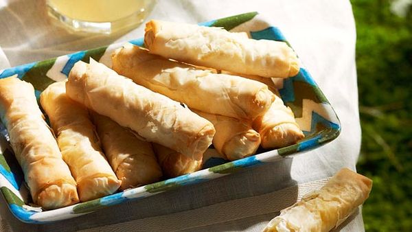 Crisp fetta, lemon & parsley filo rolls with yoghurt & dill dip