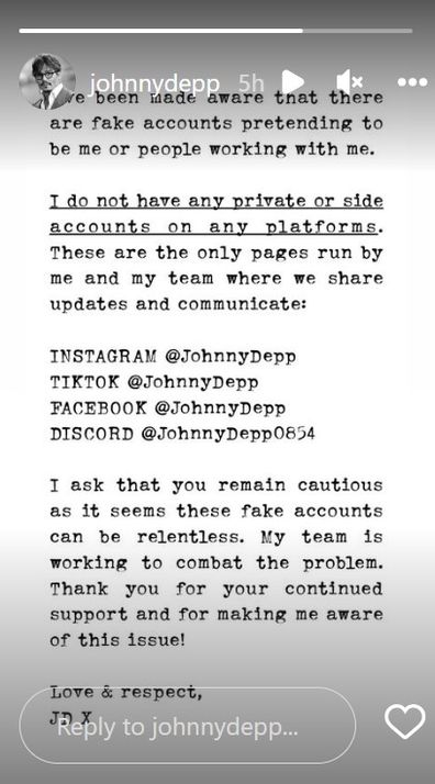 Johnny Depp issues warning to fans as fake social media accounts circulate online.