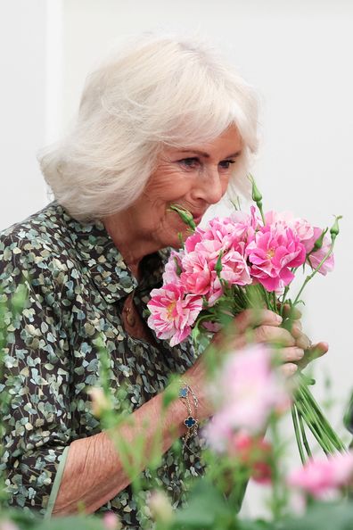 LONDON, ENGLAND - MAY 20: Queen Camilla smells roses called "The King's Rose", of David Austin Roses, during a visit to the RHS Chelsea Flower Show at Royal Hospital Chelsea on May 20, 2025 in London, England. (Photo by Toby Melville - WPA Pool / Getty Images)