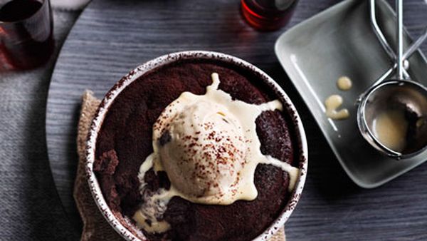 Saucy chocolate puddings with muscatel ice-cream