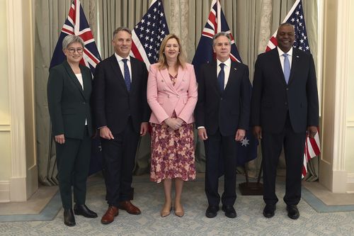 L-R: Australia's Foreign Minister Penny Wong, Australia's Deputy Prime Minster Richard Marles, Queensland Premier Annastacia Palaszczuk, US Secretary of State Antony Blinken and US Secretary of Defence Lloyd Austin pose for a photo at Queensland Government House in Brisbane, Australia, Saturday, July 29, 2023.