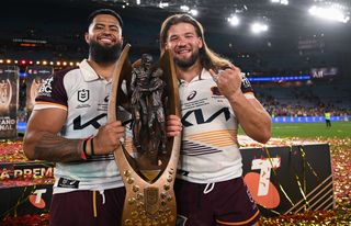 Payne Haas (left) and Patrick Carrigan after the 2025 NRL grand final.