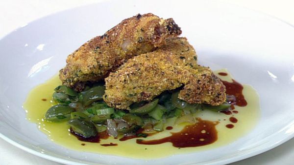 Polenta crusted spatchcock with green olive & lemon salsa