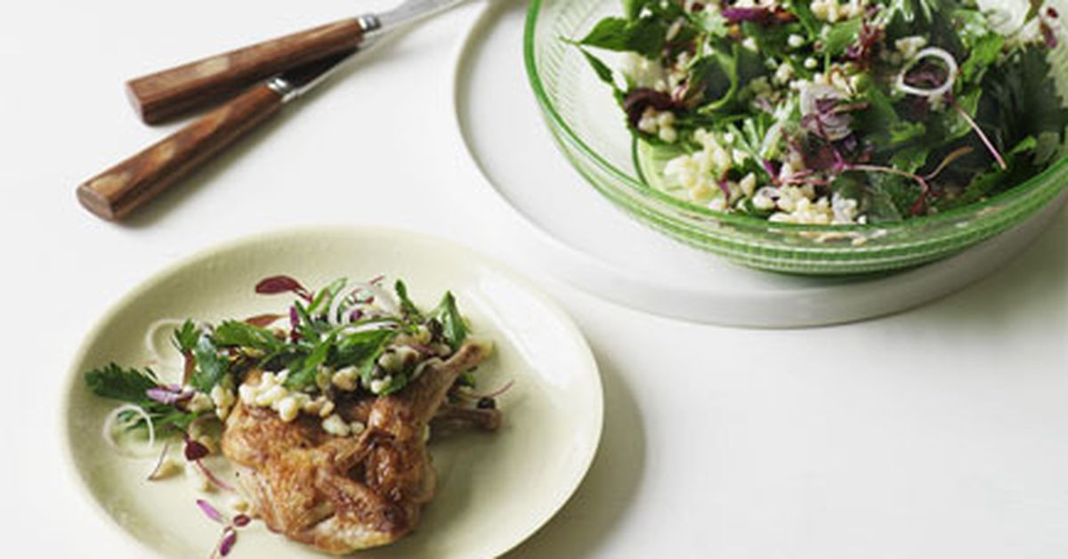Quail with fregolone Sardo and parsley salad - 9Kitchen