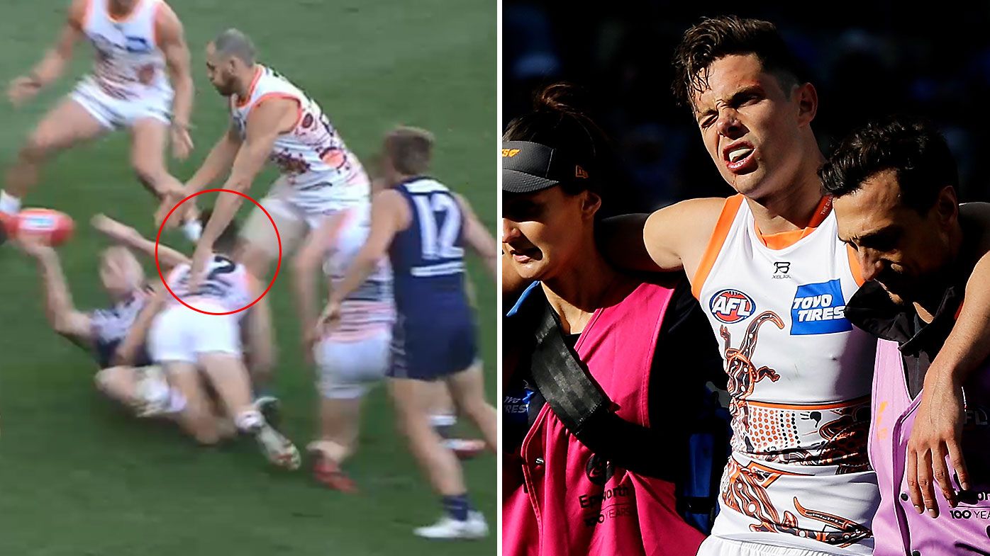GWS Giants star Josh Kelly suffers gruesome head injury after teammate's inadvertent knee