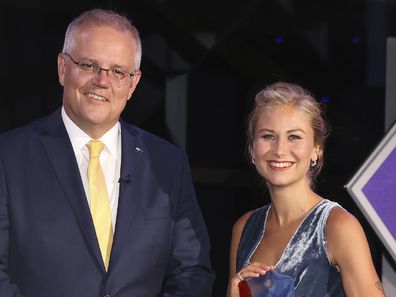 2021 Australian of the Year Grace Tame and Prime Minister Scott Morrison during the 2021 Australian of the Year Awards ceremony at the National Arboretum in Canberra on Monday 25 January 2021