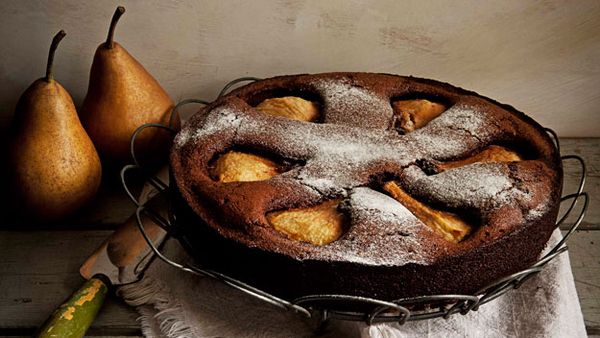 Flourless chocolate cake with pear, macadamia and creme chantilly