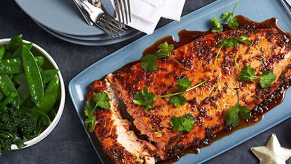 Honey, soy and ginger baked side of salmon