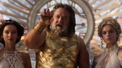 Russell Crowe and Indiana Evans in Thor: Love and Thunder