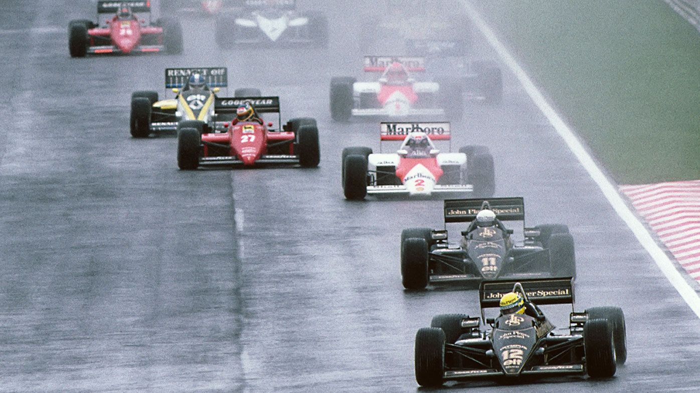 Ayrton Senna leads Elio de Angelis and Alain Prost into the first corner of the 1985 Grand Prix of Portugal.