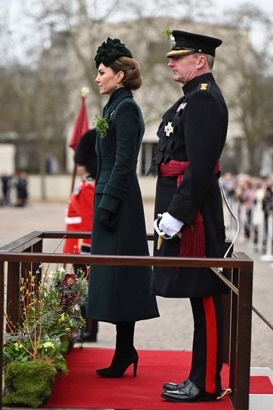 LONDON, ENGLAND - MARCH 17: Catherine, Princess of Wales with Major General Sir Chris Ghika Regimental Lieutenant Colonel (R) during the 2025 Irish Guards' St. Patrick's Day Parade at Wellington Barracks on March 17, 2025 in London, England. Catherine, Princess of Wales attends the parade as Colonel of the Regiment. (Photo by  Eddie Mulholland - WPA Pool/Getty Images)