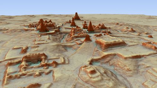 This digital 3D image provided by Guatemala's Mayan Heritage and Nature Foundation, PACUNAM, shows a depiction of the Mayan archaeological site at Tikal in Guatemala. (Canuto &amp; Auld-Thomas/PACUNAM)