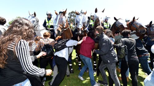 Protesters clash with police horses. One man was arrested for allegedly punching a horse. (AAP)