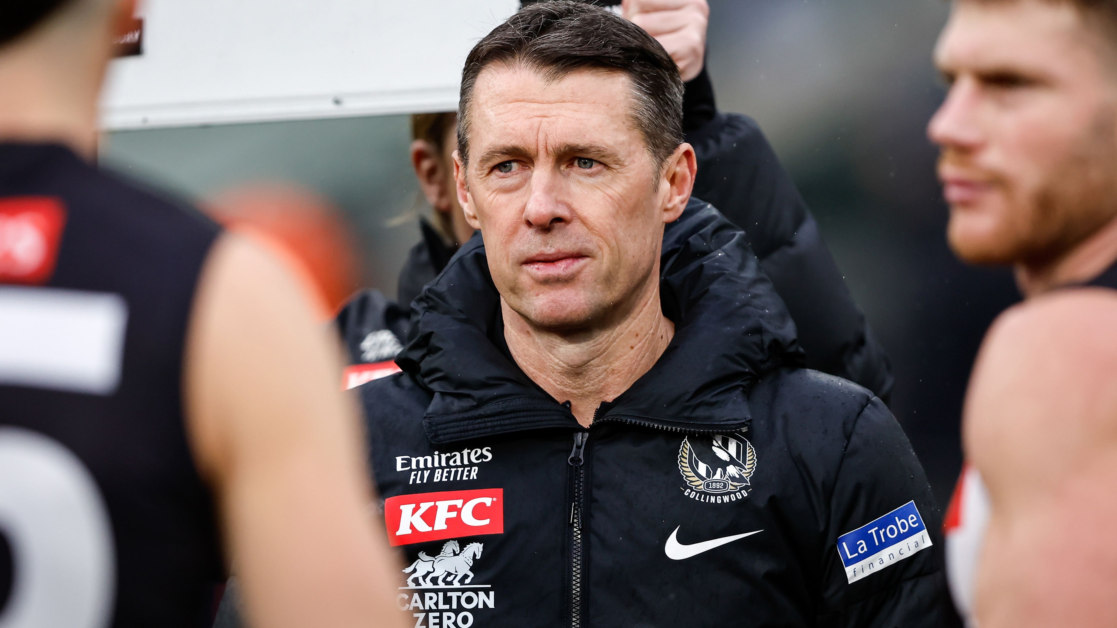 MELBOURNE, AUSTRALIA - JULY 15: Craig McRae, Senior Coach of the Magpies is seen during the 2023 AFL Round 18 match between the Collingwood Magpies and the Fremantle Dockers at the Melbourne Cricket Ground on July 15, 2023 in Melbourne, Australia. (Photo by Dylan Burns/AFL Photos via Getty Images)