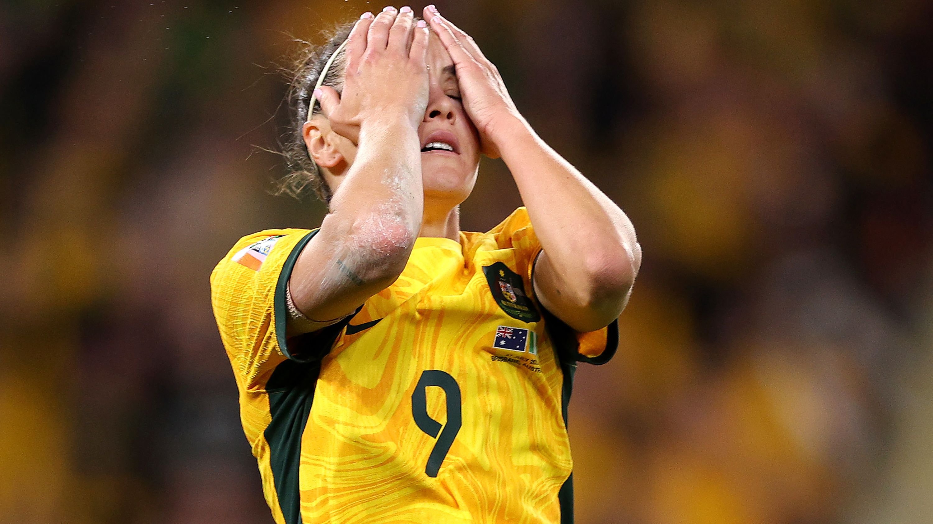 Caitlin Foord of Australia reacts after a missed chance.