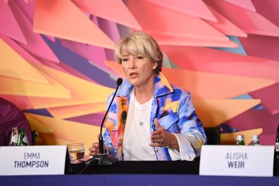 Emma Thompson speaks during the BFI London Film Festival press conference for Roald Dahls Matilda The Musical on October 05, 2022 in London 