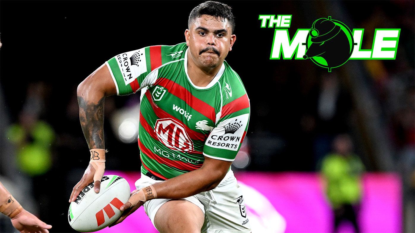 Latrell Mitchell runs the ball for the Rabbitohs.