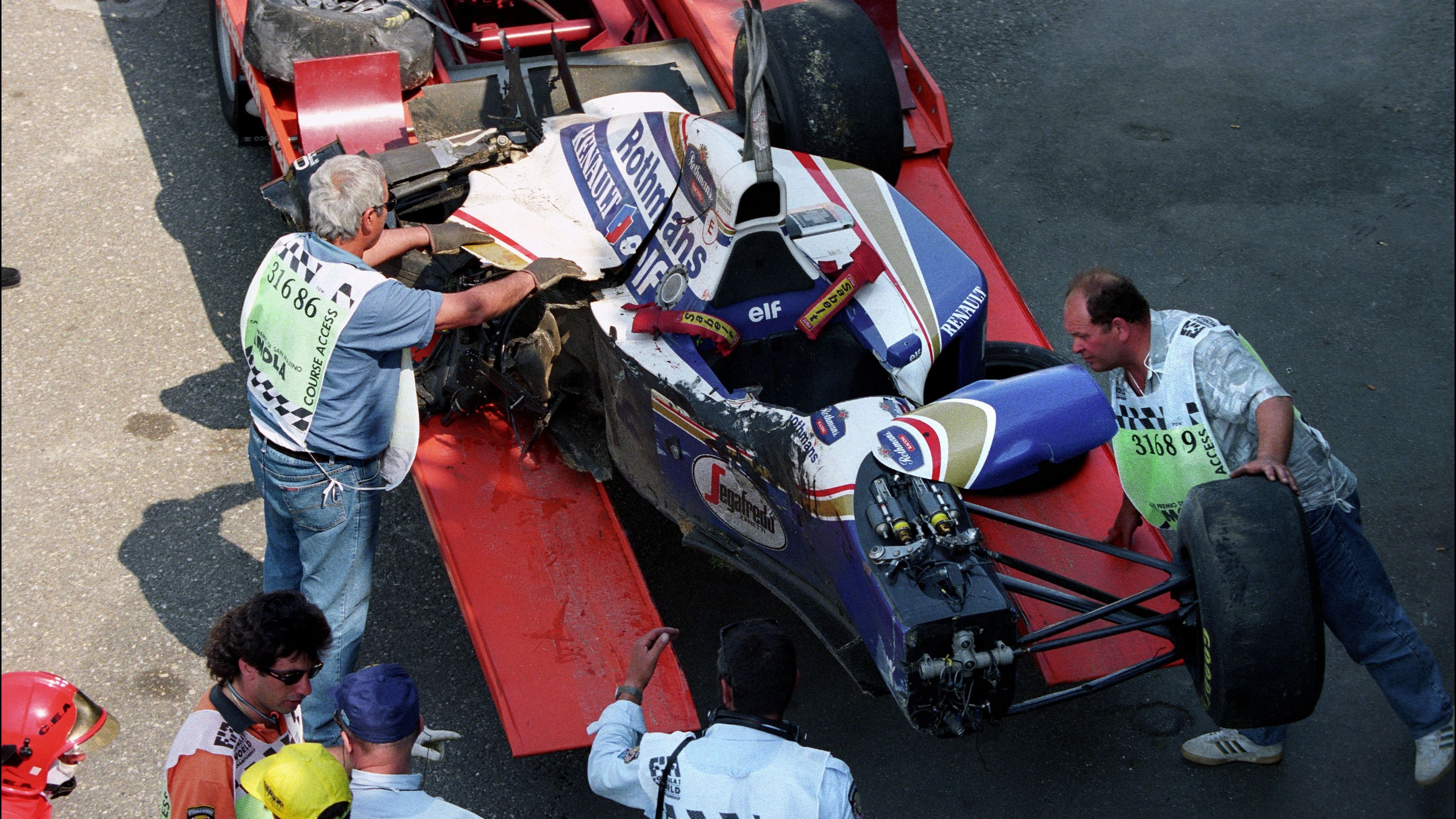 The destroyed car of Ayrton Senna after his crash during the 1994 San Marino Grand Prix in Imola, Italy on May 01, 1994. (Photo by Jean-Marc LOUBAT/Gamma-Rapho via Getty Images)