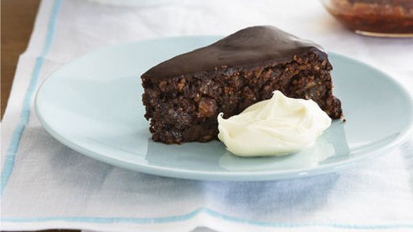 Chocolate fig and hazelnut fudge cake with candied oranges