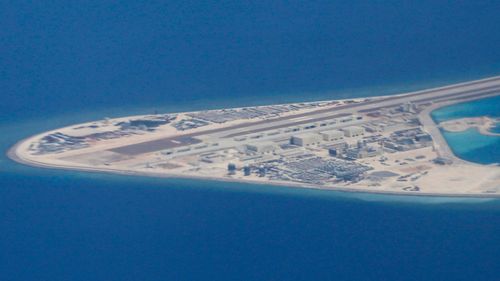 Chinese structures and an airstrip on the man-made Subi Reef at the Spratly group of islands in the South China Sea.