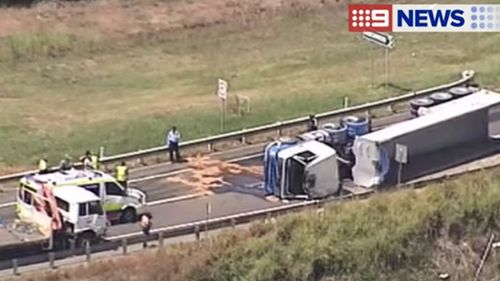 Truck rollover blocking road at Woongoolba, near Jacobs Well on the Gold Coast