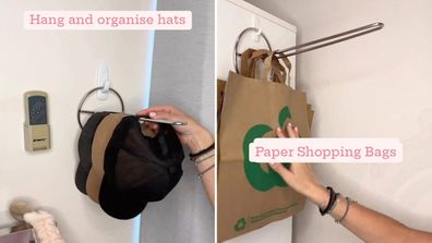 Professional organiser Anita Birges shares her DIY hanging organiser hack made with paper towel holder and adhesive hook