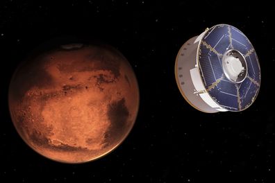 This illustration provided by NASA depicts the Mars 2020 spacecraft carrying the Perseverance rover as it approaches Mars. Perseverance's US $3billion mission is the first leg in a US-European effort to bring Mars samples to Earth in the next decade. (NASA/JPL-Caltech via AP)