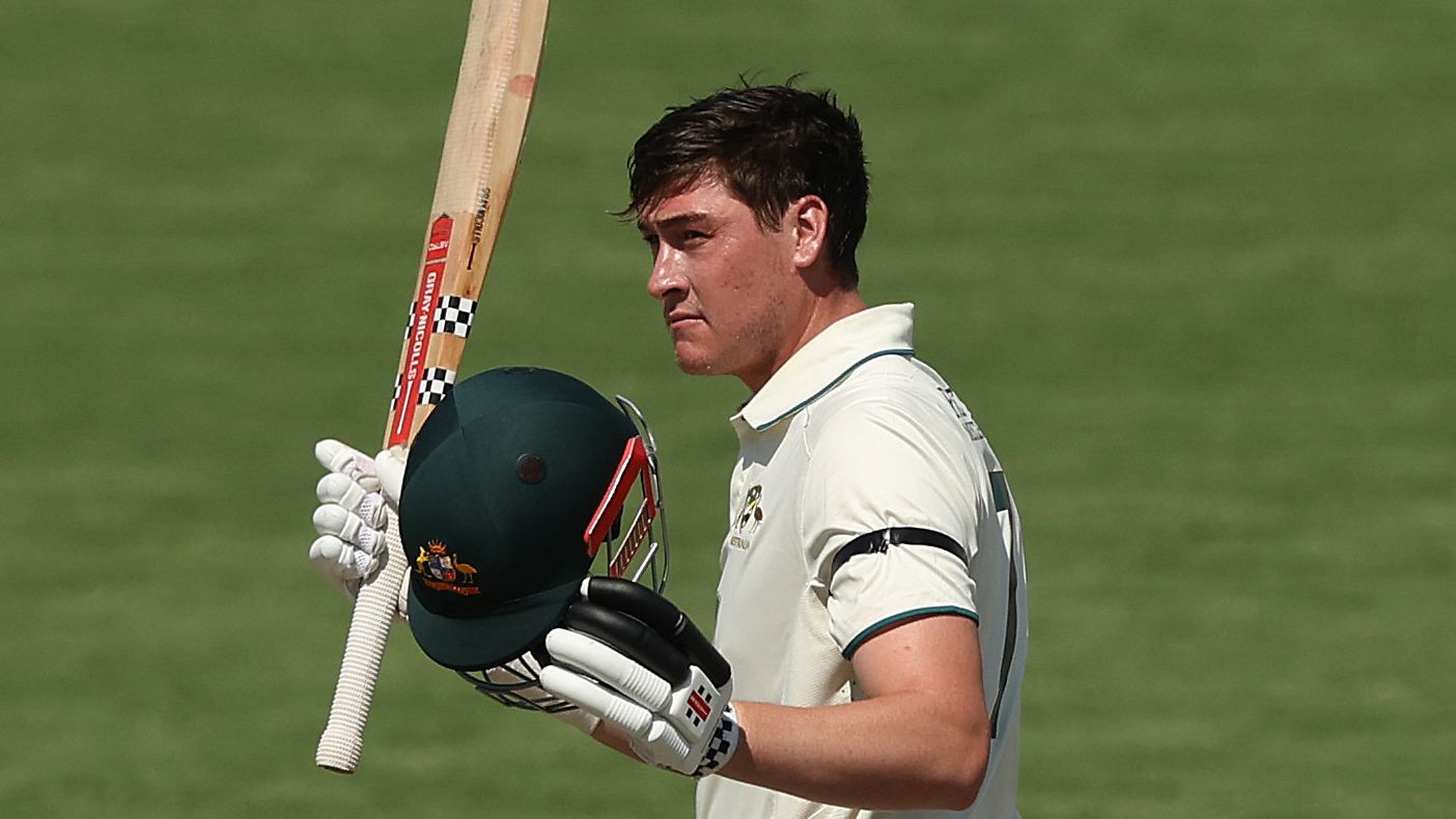 CANBERRA, AUSTRALIA - DECEMBER 08:  Matthew Renshaw of the Prime Ministers XI celebrates and acknowledges the crowd after scoring a century during day three of the Tour Match between PM&#x27;s XI and Pakistan at Manuka Oval on December 08, 2023 in Canberra, Australia. (Photo by Mark Metcalfe/Getty Images)