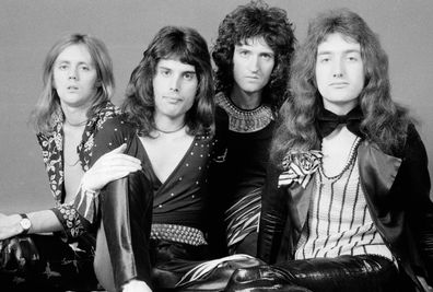 Drummer Roger Taylor, singer Freddie Mercury, guitarist Brian May, and bassist John Deacon of British rock band Queen in 1973.