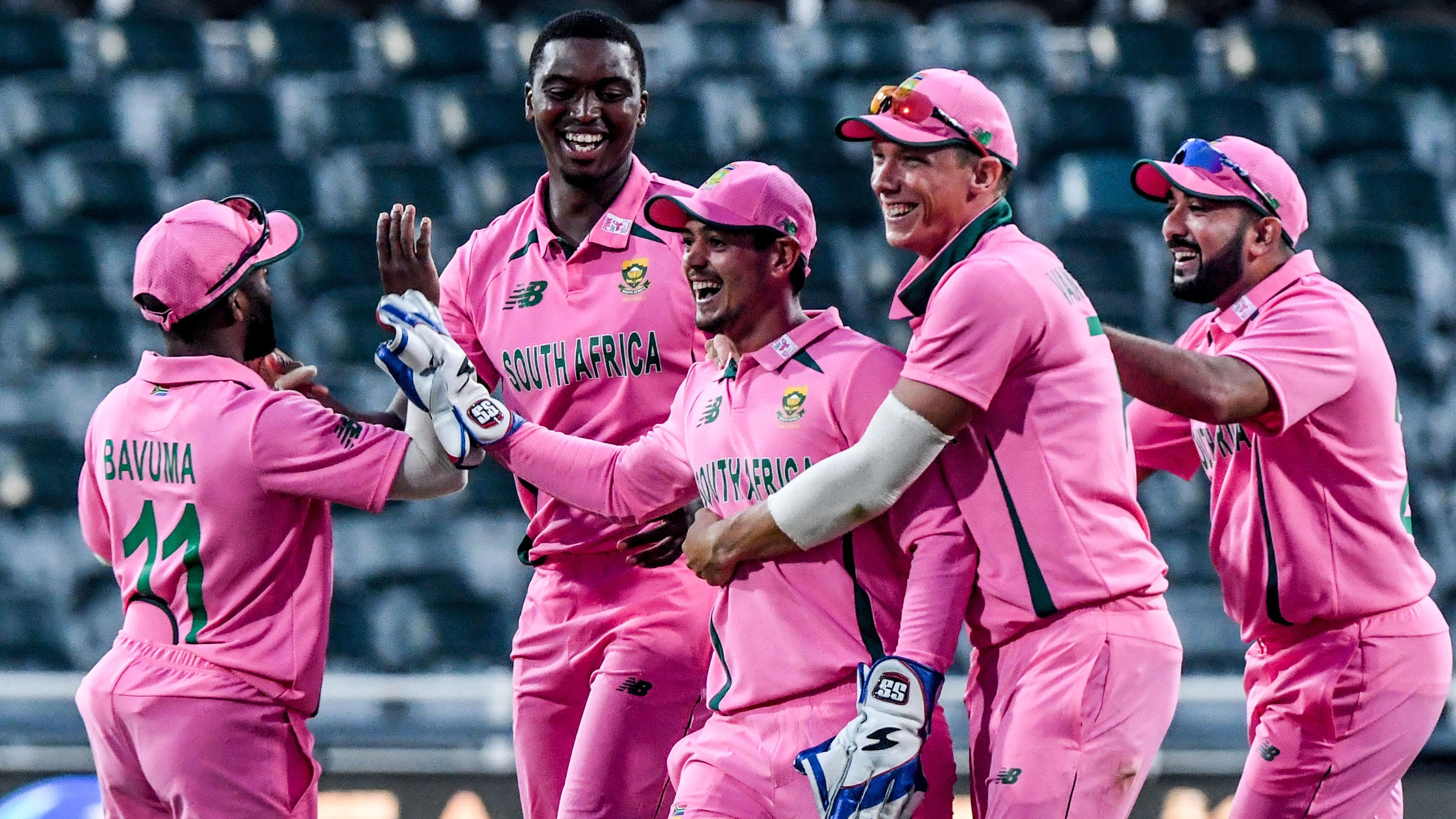 South Africa celebrates the dismissal of Fakhar Zaman, aided by Quinton de Kock.