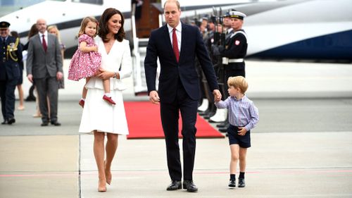 The Duke and Duchess of Cambridge arrive in Poland with their children Charlotte and George. (AAP)