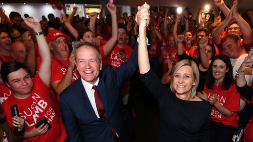 Bill Shorten celebrates victory in Longman.