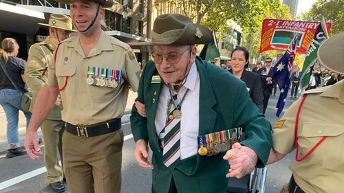 World War 2 Vet 104 year Alf Carpenter marching down Elizabeth St Sydney on Anzac Day, 2021
