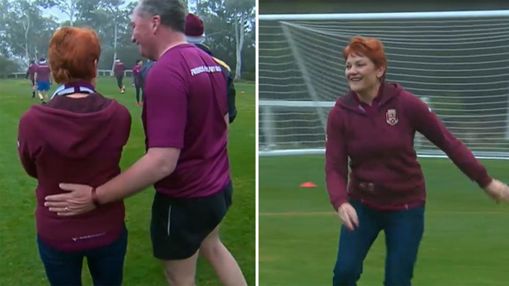 Barnaby Joyce and Pauline Hanson team up for Queensland against NSW in State of Origin pollies touch football game