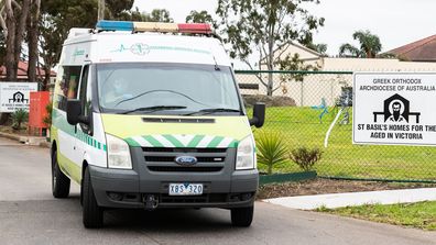 A Paramedic van departs the St Basil's homes for the Aged facility in Fawkner on July 27, 2020 in Melbourne, Australia. 